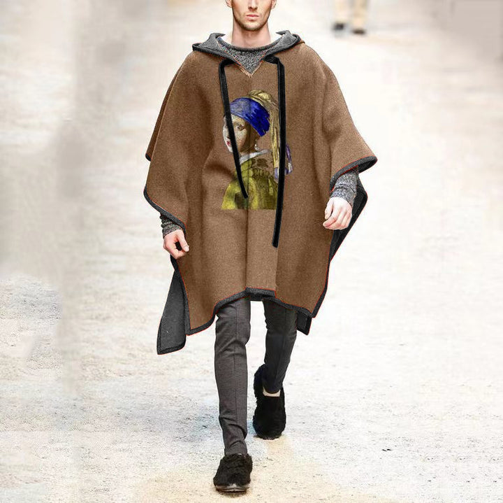 Herren Oversized Kapuzenponcho aus Strick mit geometrischem Mosaikmuster Drune
