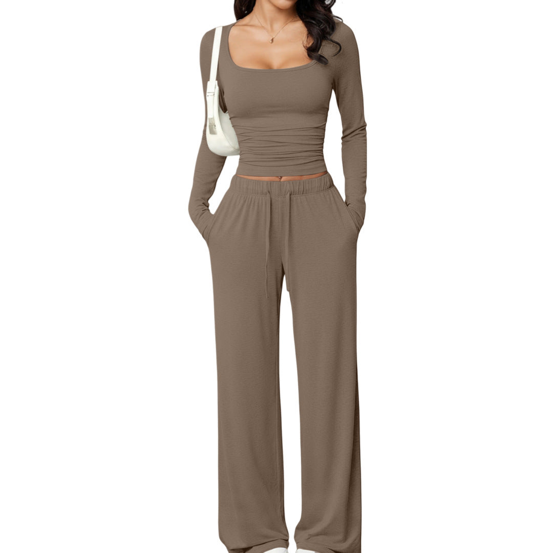 Damen Zweiteiliges Relax-Set mit tailliertem Langarm-Croptop und weiter Jerseyhose Drune