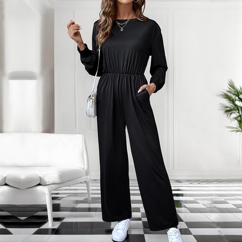 Damen Lässiger Einteiler mit elastischer Taille, Seitentaschen und weitem Bein Drune