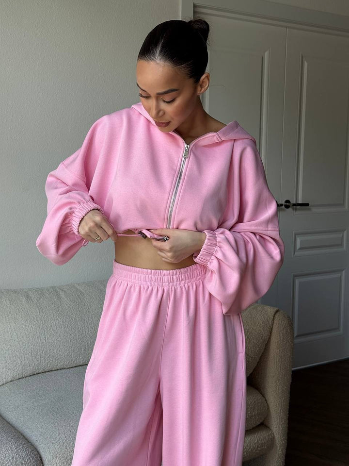 Damen Cropped-Zip-Hoodie und weite High-Waist-Loungehose Zweiteiler Drune