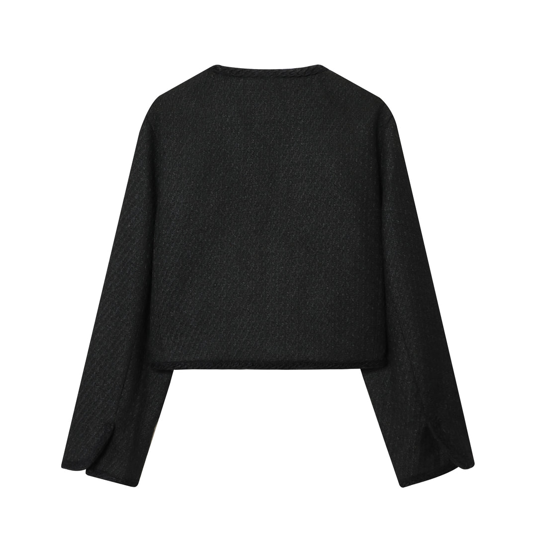 Damen nan kurz geschnittene Bouclé-Jacke mit geflochtenem Rand und goldenen Zierknöpfen Drune