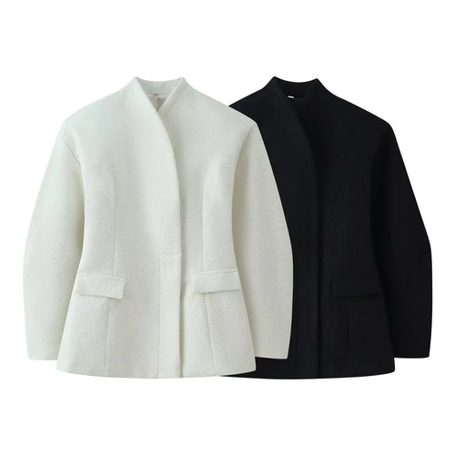 Damen nan kastige Bouclé-Kurzjacke mit offener Front und Pattentaschen Drune