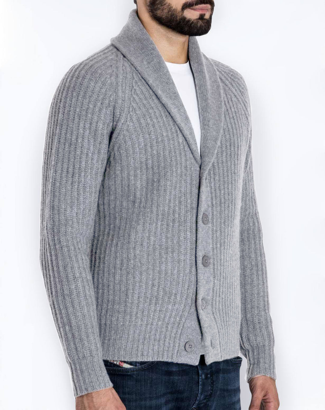 Herren Rippstrick-Cardigan mit Schalkragen und durchgehender Knopfleiste Drune