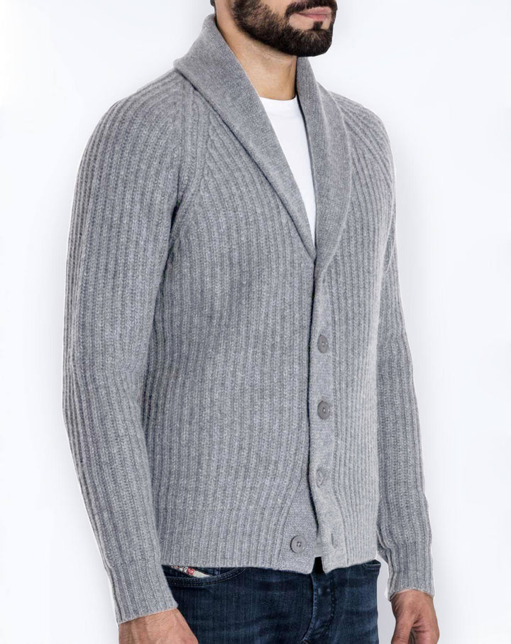 Herren Rippstrick-Cardigan mit Schalkragen und durchgehender Knopfleiste Drune