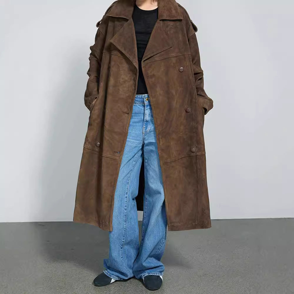 Damen Eleganter Suede-Trenchcoat mit großzügigem Schnitt Drune