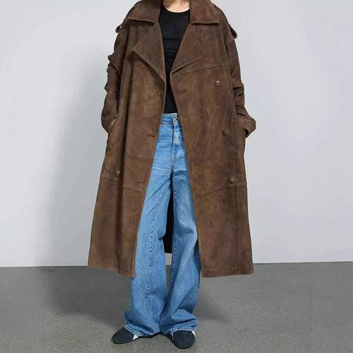 Damen Eleganter Suede-Trenchcoat mit großzügigem Schnitt Drune