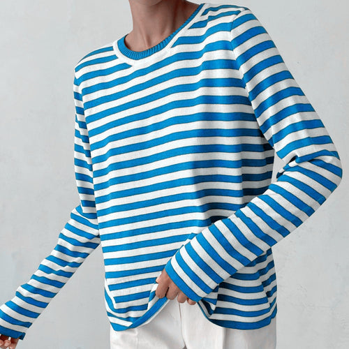 Damen nan gestreifter Baumwollpullover mit Rundhals und legerer Passform Drune