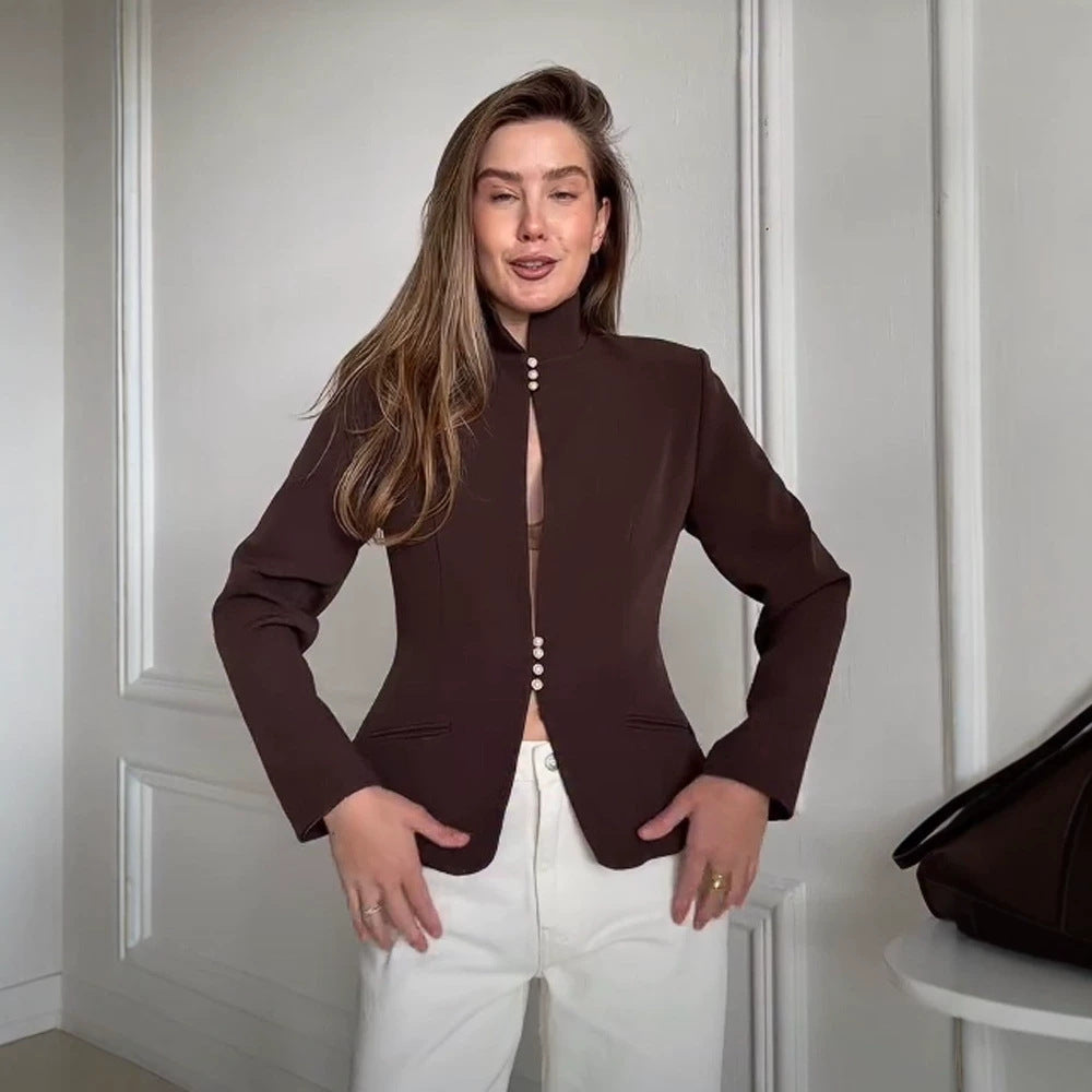 Damen Taillierter Blazer mit Stehkragen und Perlenknopf-Leiste Drune