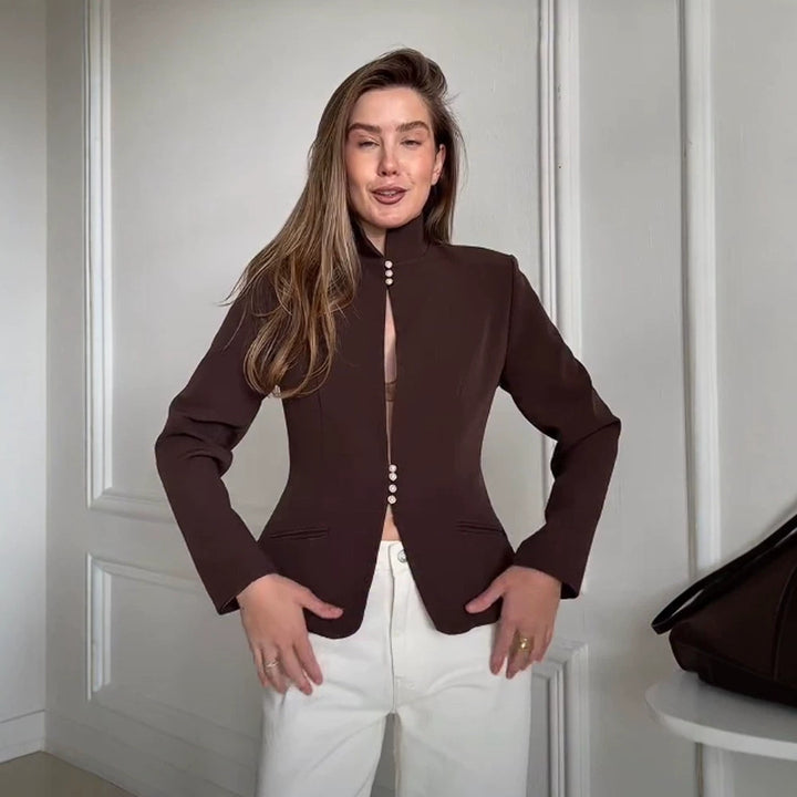 Damen Taillierter Blazer mit Stehkragen und Perlenknopf-Leiste Drune
