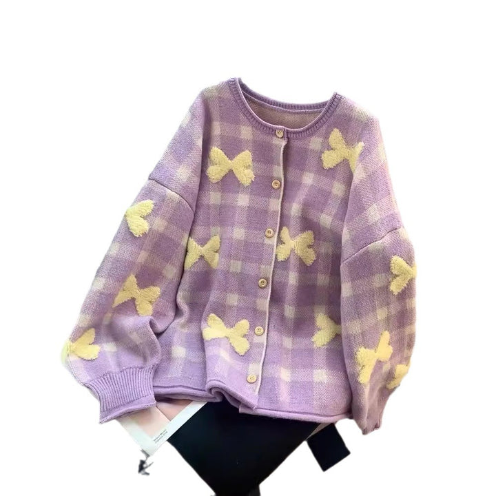 Damen Oversized Cardigan mit Karomuster und Herzapplikationen Drune
