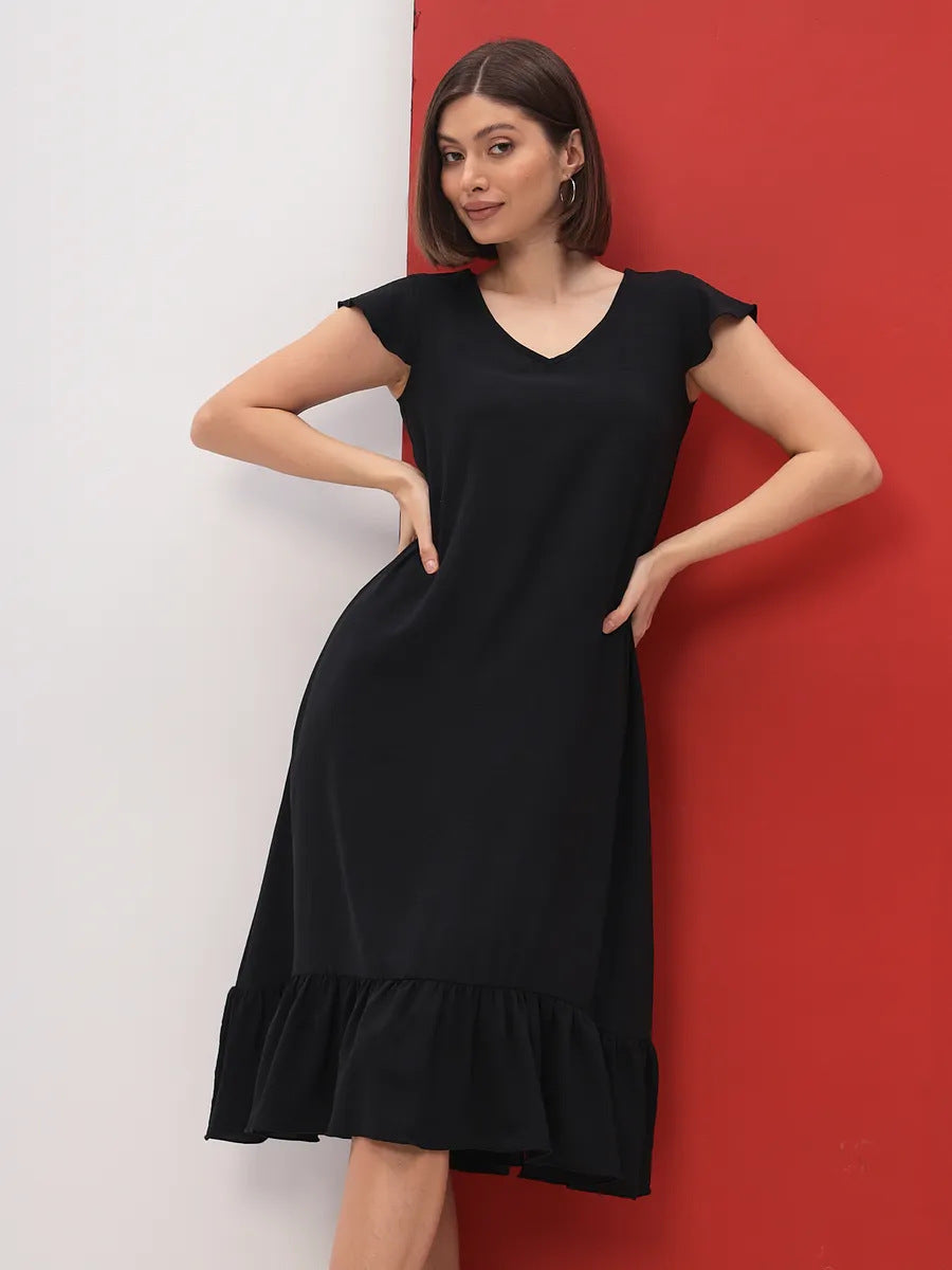 Damen Midi-Kleid mit modischem V-Ausschnitt und Rüschensaum Drune