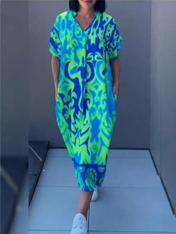 Damen luftiges V-Ausschnitt Strandkleid mit Taschen Drune