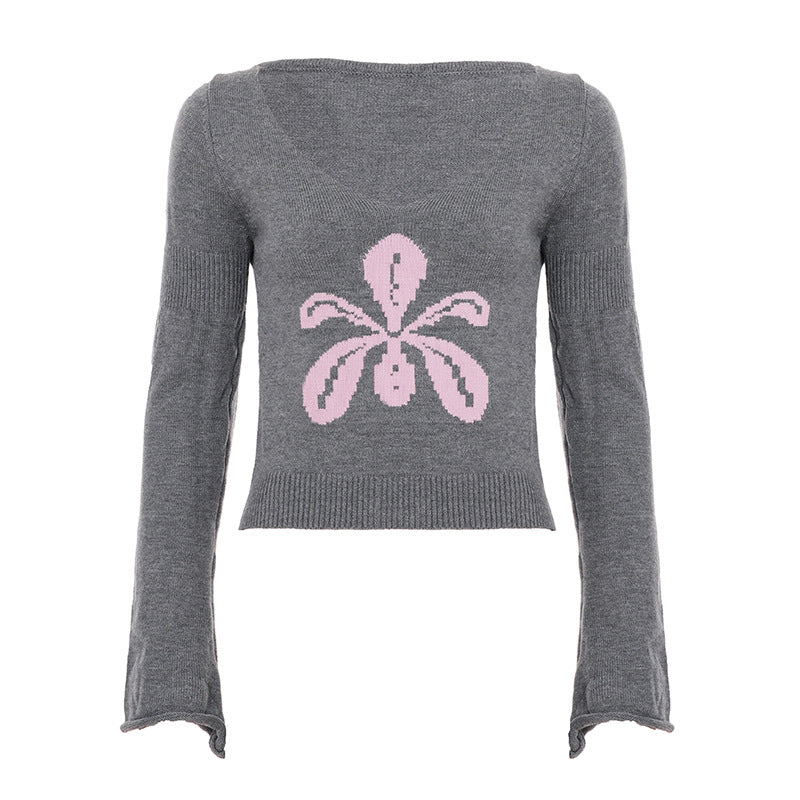 Damen Feinstrick-Pullover mit weitem U-Boot-Ausschnitt, ausgestellten Ärmeln und Intarsia-Blütenmotiv Drune
