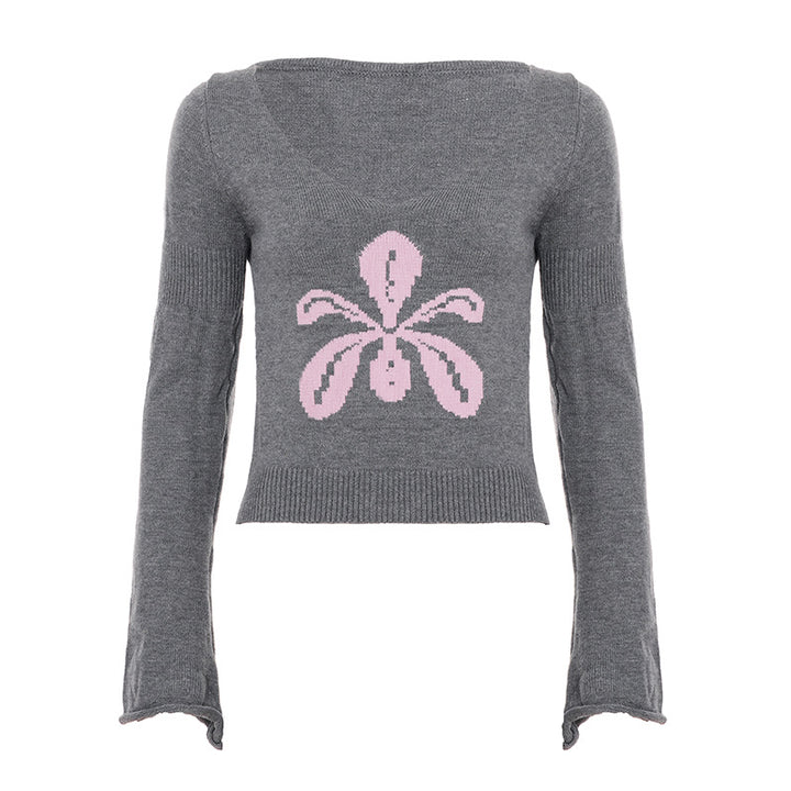 Damen Feinstrick-Pullover mit weitem U-Boot-Ausschnitt, ausgestellten Ärmeln und Intarsia-Blütenmotiv Drune