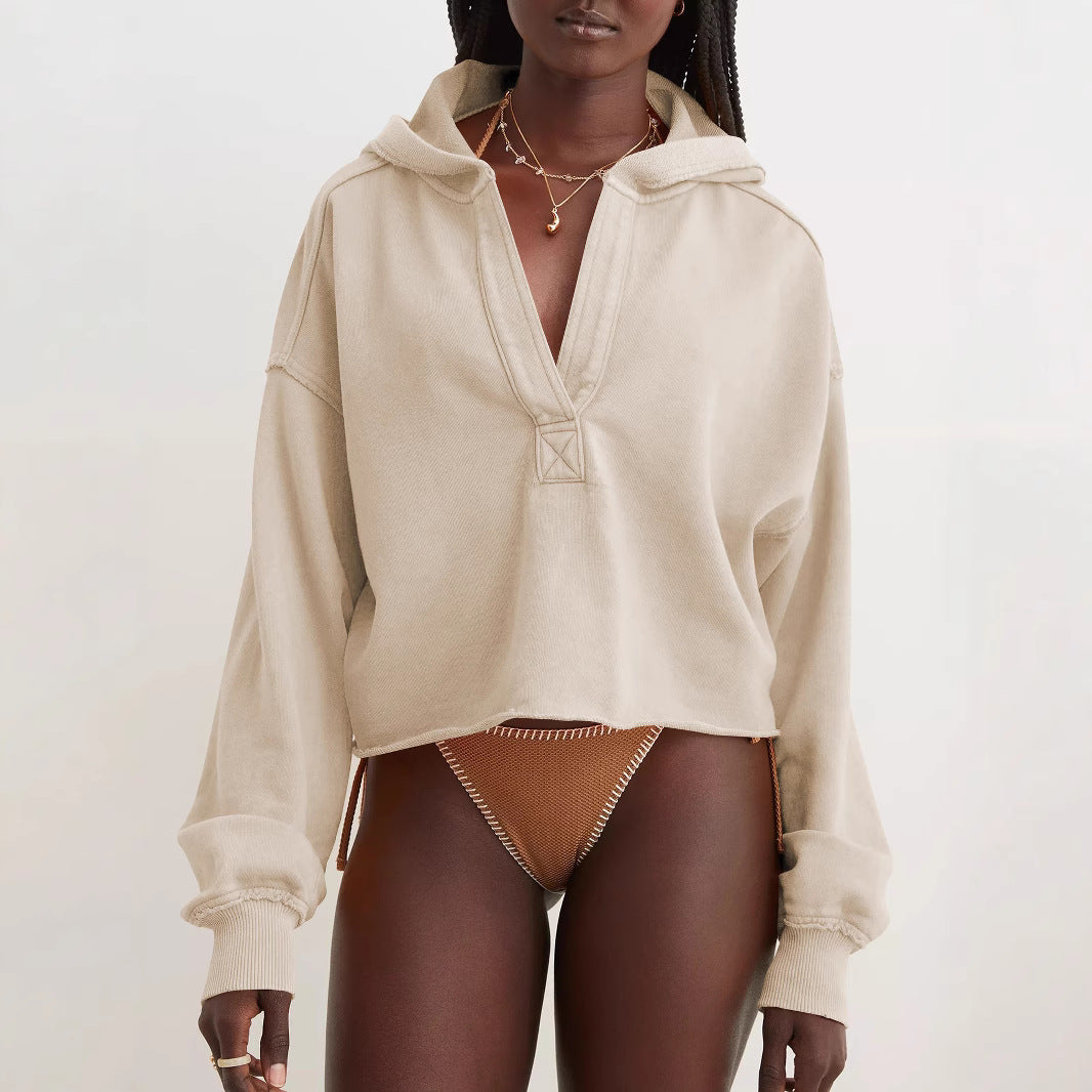 Damen Oversize Kapuzenpullover mit tiefem V-Ausschnitt, offener Knopfleiste und rohem Saum Drune