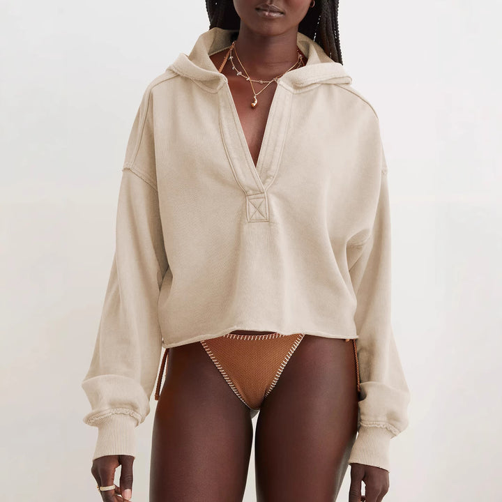 Damen Oversize Kapuzenpullover mit tiefem V-Ausschnitt, offener Knopfleiste und rohem Saum Drune