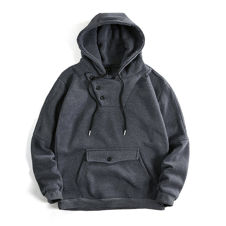 Herren Oversize Baumwoll-Fleece Kapuzenpullover mit asymmetrischer Knopfleiste und aufgesetzter Kängurutasche Drune