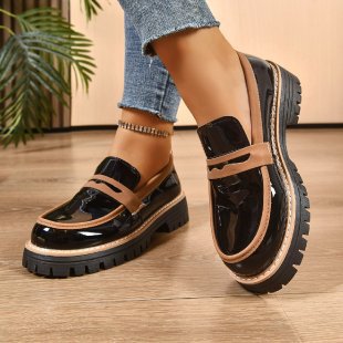 Damen Modische Lack-Loafer mit übergroßer Schleife und grober Profilsohle Drune