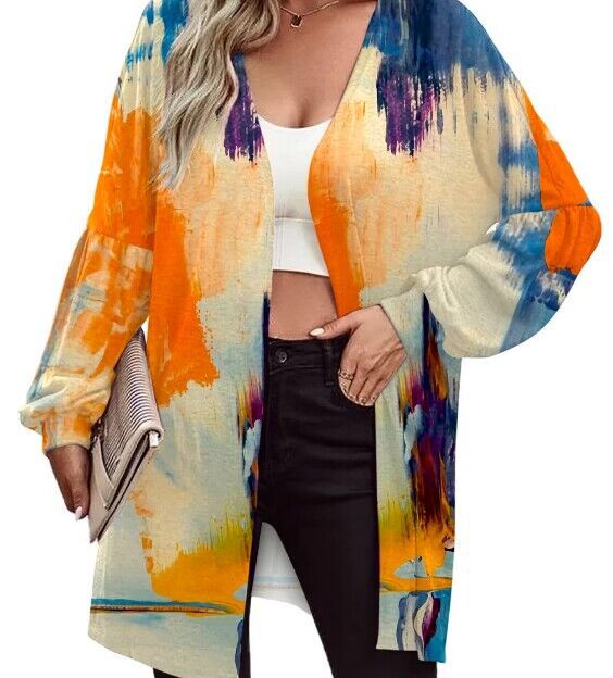 Damen Leichter Offener Longcardigan mit Federmotiv und Oversize-Ärmeln Drune