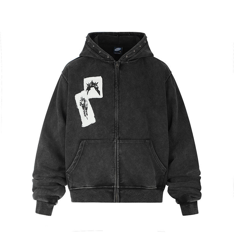 Herren Kapuzen‑Sweatjacke mit Vintage‑Waschung, oversized Cut, Patch‑Print und Nietenbesatz Drune