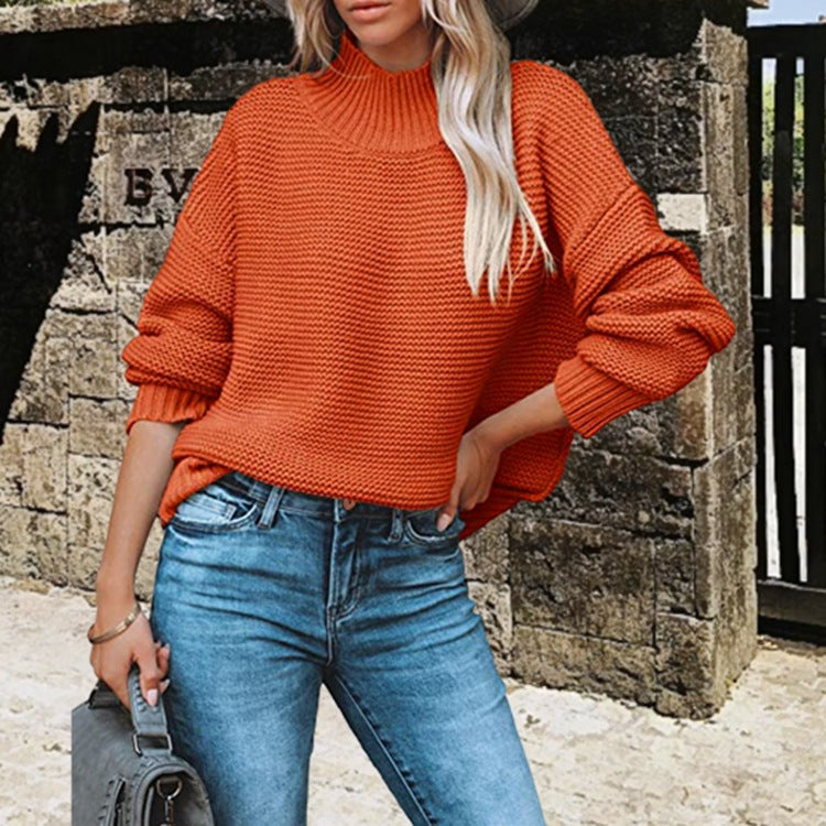Damen Grobstrick Pullover mit hohem Kragen und überschnittenen Schultern Drune