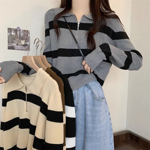 Damen Strickpullover mit Reißverschluss und Streifenmuster Drune