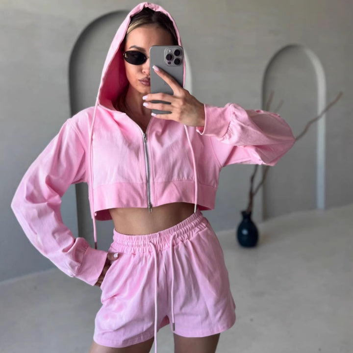 Damen Freizeit-Crop-Set mit Hoodie und Shorts Drune