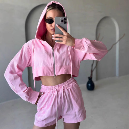 Damen Freizeit-Crop-Set mit Hoodie und Shorts Drune