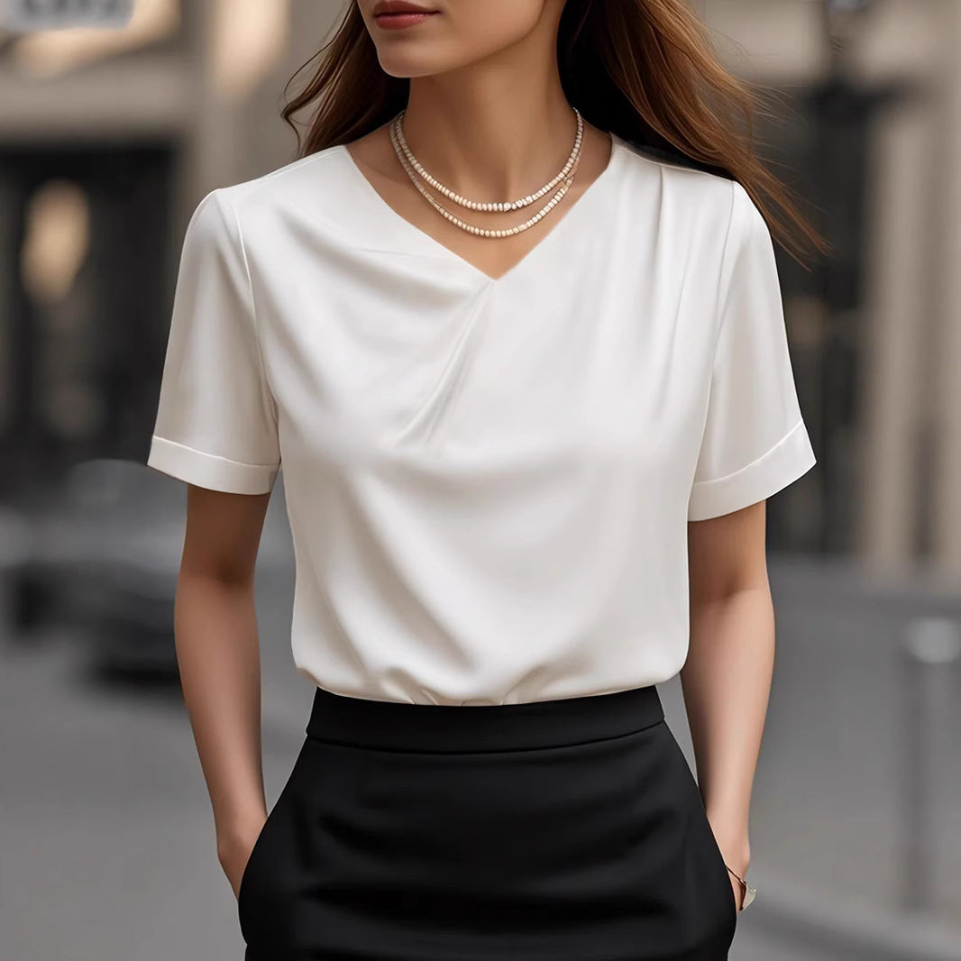 Damen Elegantes V-Ausschnitt Blusenshirt mit kurzärmeligen Design Drune