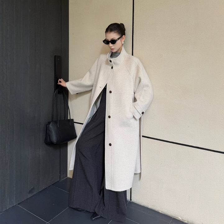 Damen Oversize Wollmantel mit Stehkragen und großen Pattentaschen Drune