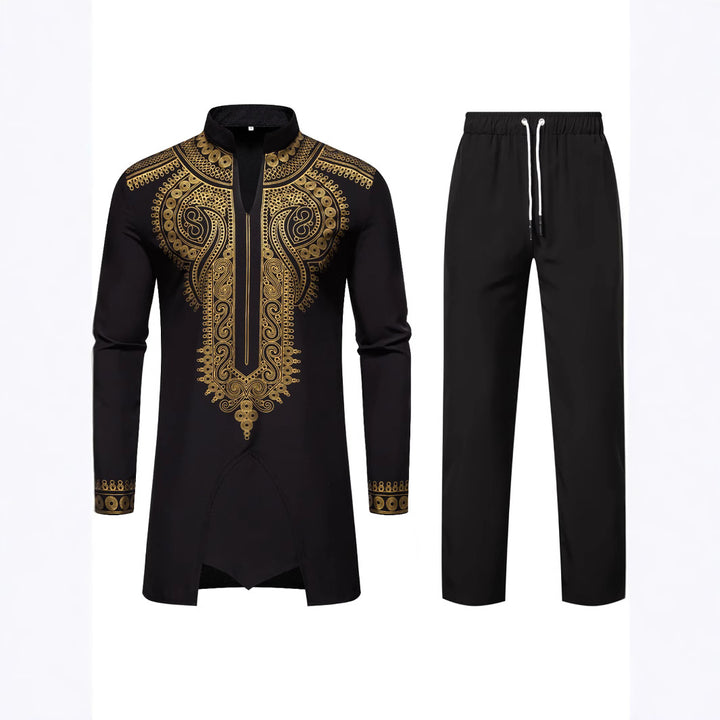 Herren Traditionelles besticktes Tunika‑Set mit Mandarinkragen und elastischer Hose Drune