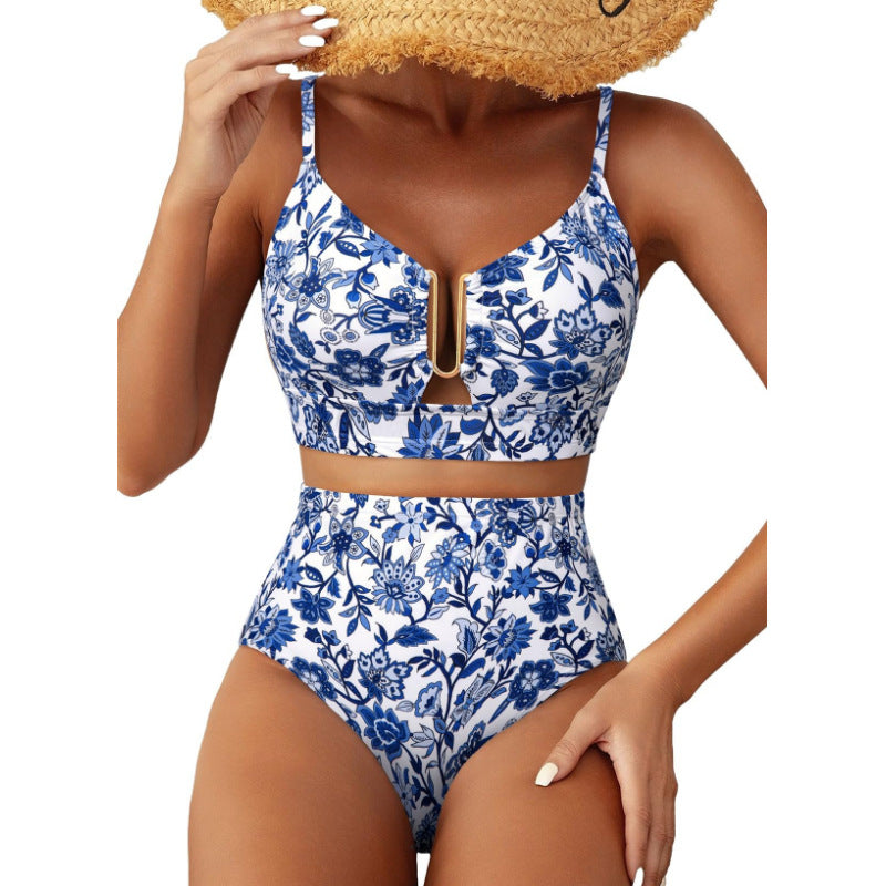Damen Hoch geschnittener Bikini mit floralem Muster und Leo-Print Drune