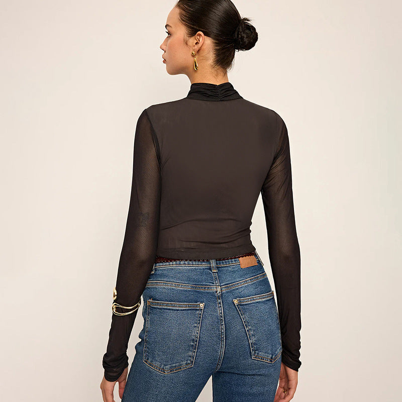Damen Elegantes Langarm-Top mit Wickel-Design und transparenten Einsätzen Drune