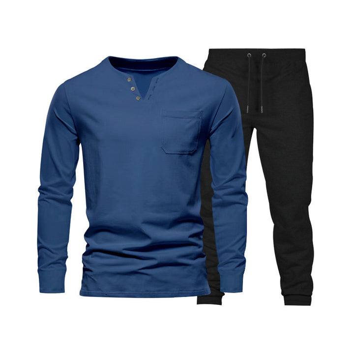 Herren Langarm‑Henley Loungewear‑Set mit Brusttasche und tapered Jogginghose Drune