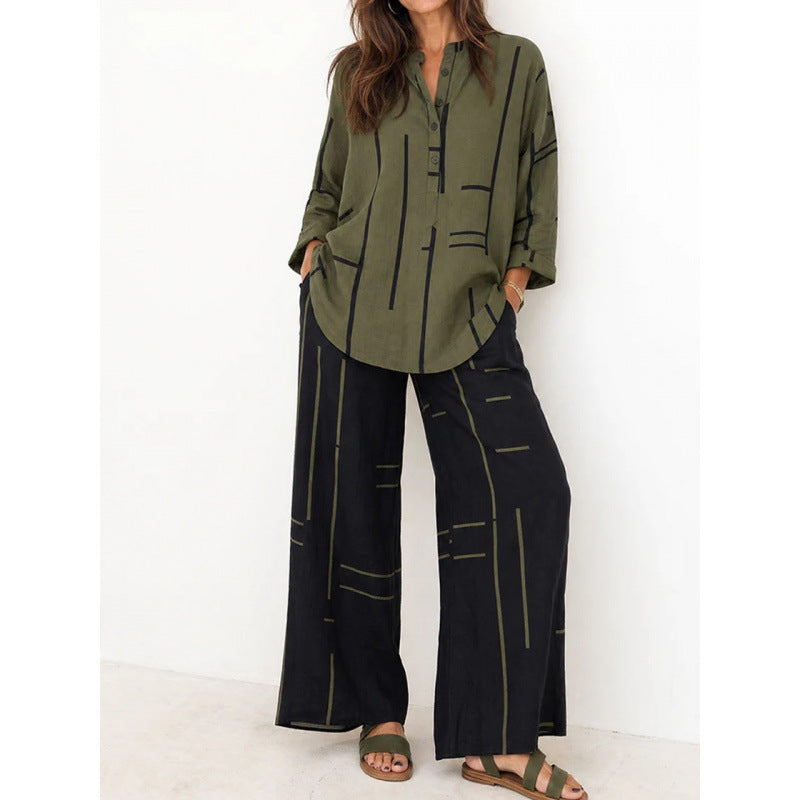 Damen Oversize-Tunika und weite Palazzohose mit grafischem Streifenprint und Henley-Kragen Drune