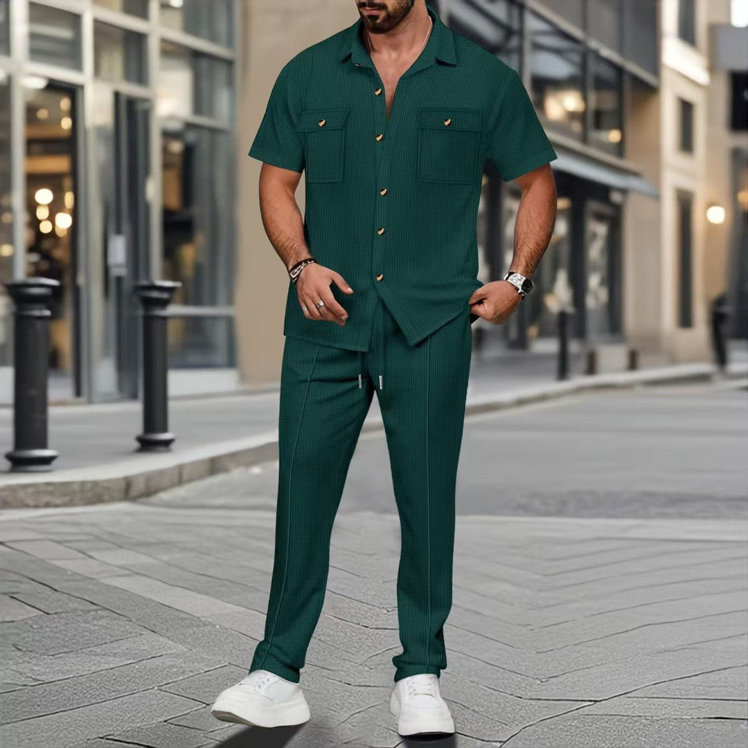 Herren nan lässiges Lounge-Ensemble Campkragen-Hemd mit aufgesetzten Brusttaschen und konisch zulaufender Tunnelzughose Drune