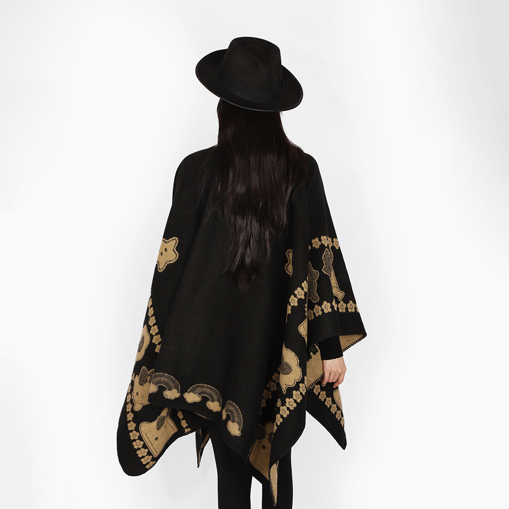 Damen Oversize-Poncho mit Jacquard‑Tiermotiv und asymmetrischem Zipfelsaum Drune
