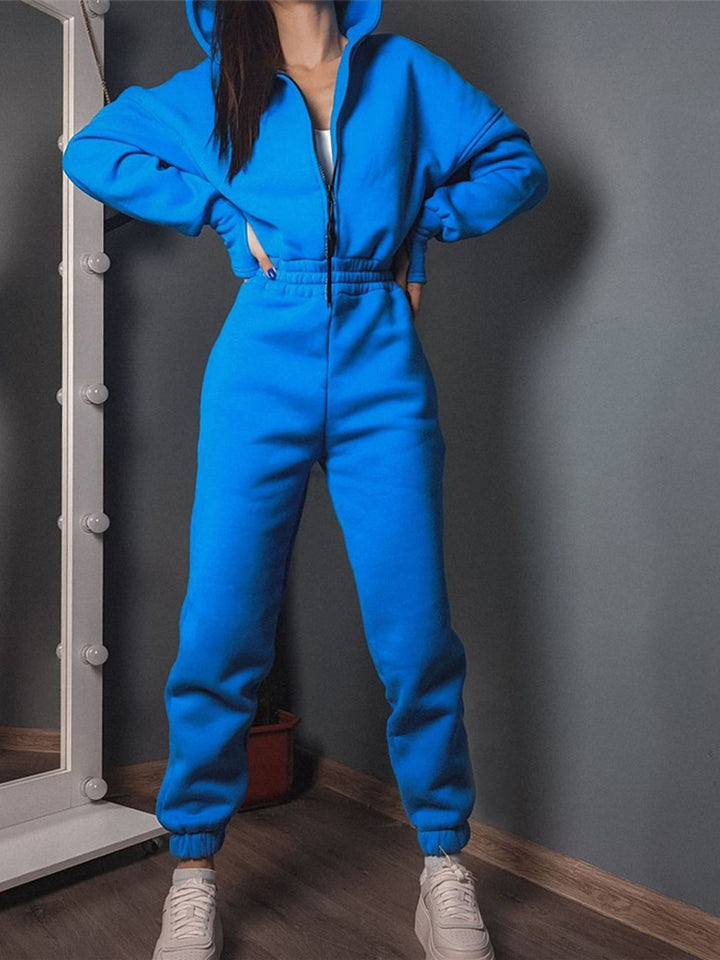 Damen Taillierter Kapuzen-Sweat-Jumpsuit mit Reißverschluss und elastischem Taillenbund Drune