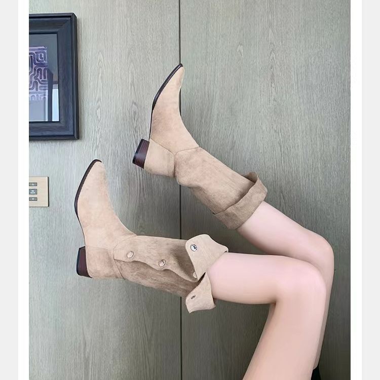 Damen Wadenhohe Velourslederstiefel mit umklappbarer Manschette und spitzer Kappe Drune