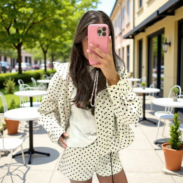 Damen Zweiteiliges Gepunktetes Blazer- und Shorts-Set mit Volumenärmeln und hoher Taille Drune