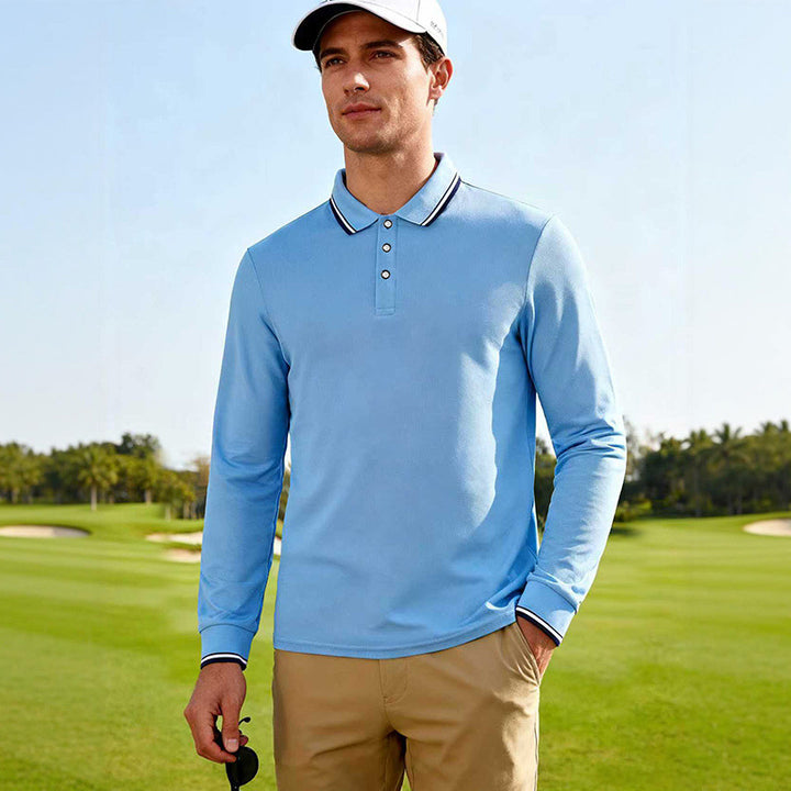 Herren Golf-Performance-Poloshirt langärmlig atmungsaktiv mit Kontrastkragen Drune