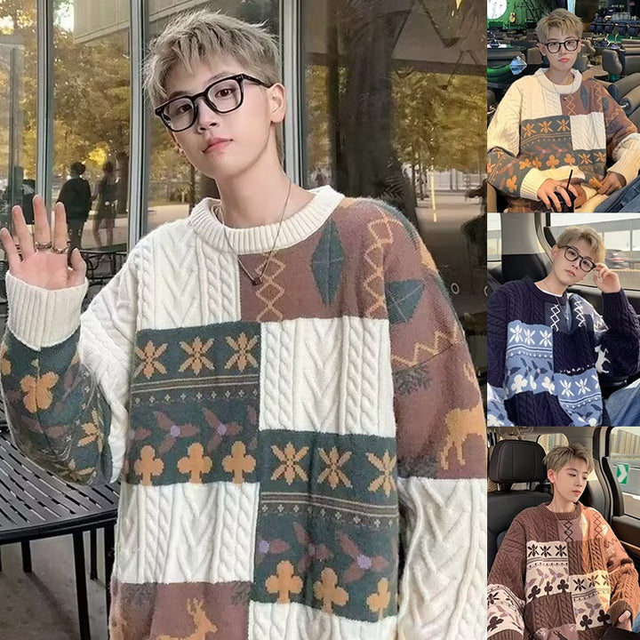 Damen Gemusterter Oversized Pullover mit Stehkragen Drune