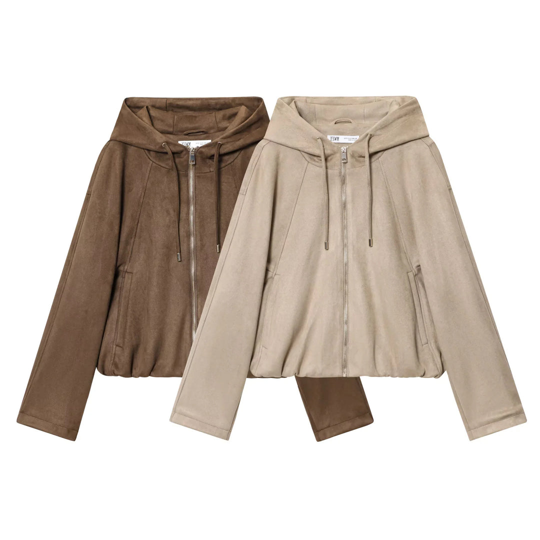 Damen nan cropped Kapuzenjacke aus Veloursimitat mit verdeckter Reißverschlussblende und Tunnelzugsaum Drune