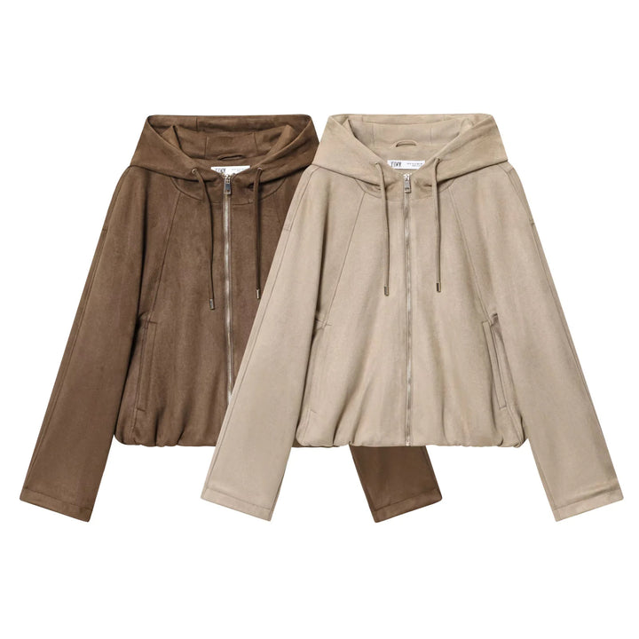 Damen nan cropped Kapuzenjacke aus Veloursimitat mit verdeckter Reißverschlussblende und Tunnelzugsaum Drune