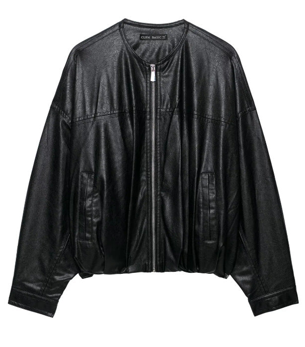 Damen Oversize Cropped Kunstleder‑Bomberjacke mit Rundhalsausschnitt und elastischem Saum Drune
