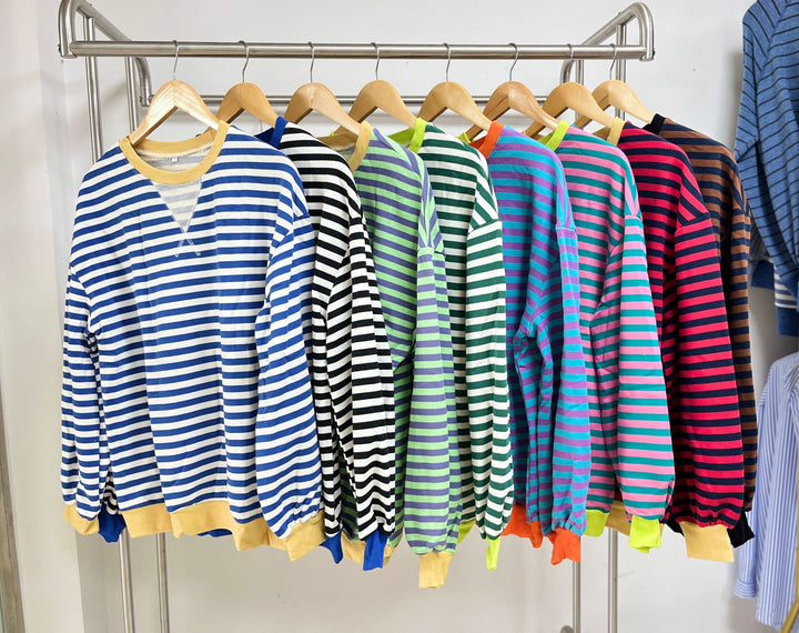 Damen lässiger Sweatshirt mit modischem Streifenmuster und weit geschnittenen Ärmeln Drune