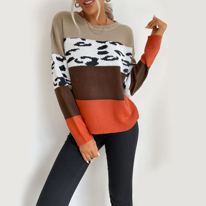 Damen Colorblock Strickpullover mit Leopardenprint-Einsatz und lässiger Oversize-Passform Drune