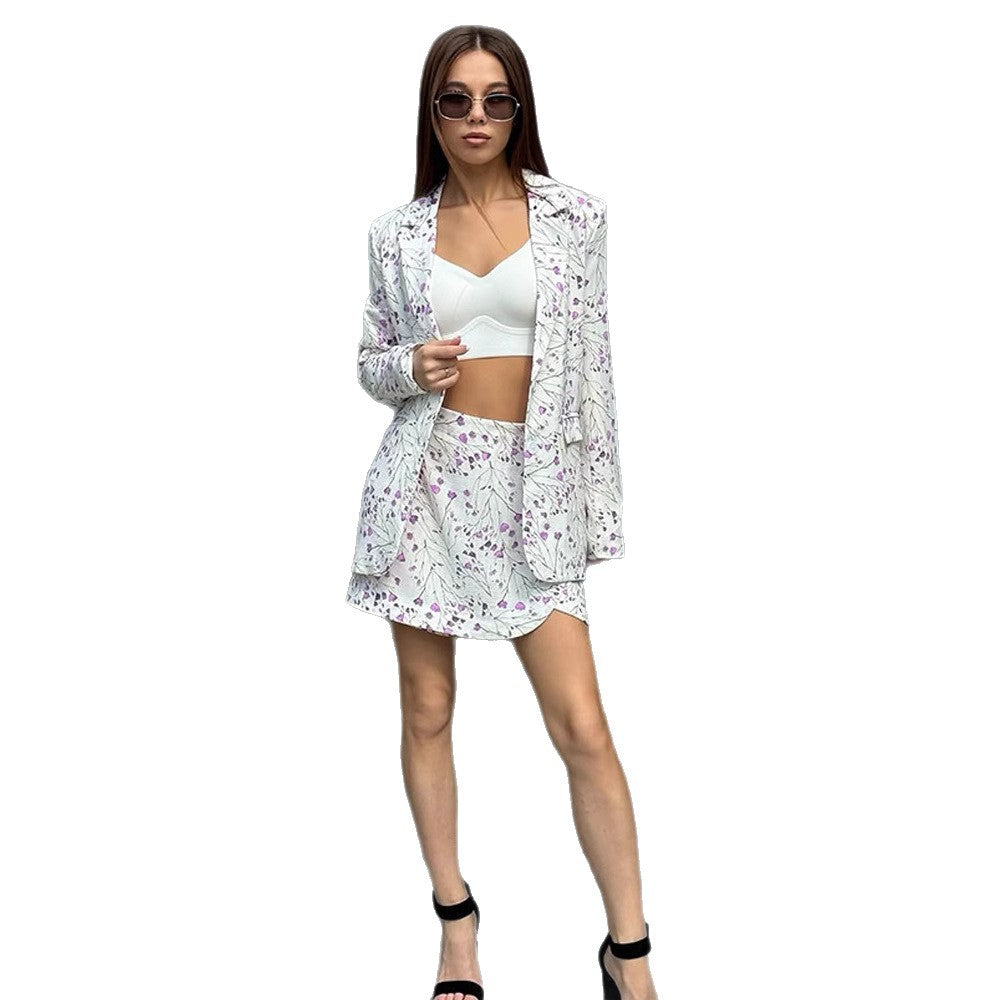 Damen Florales Blazer- und Minirock-Set aus strukturierter Baumwollmischung Drune