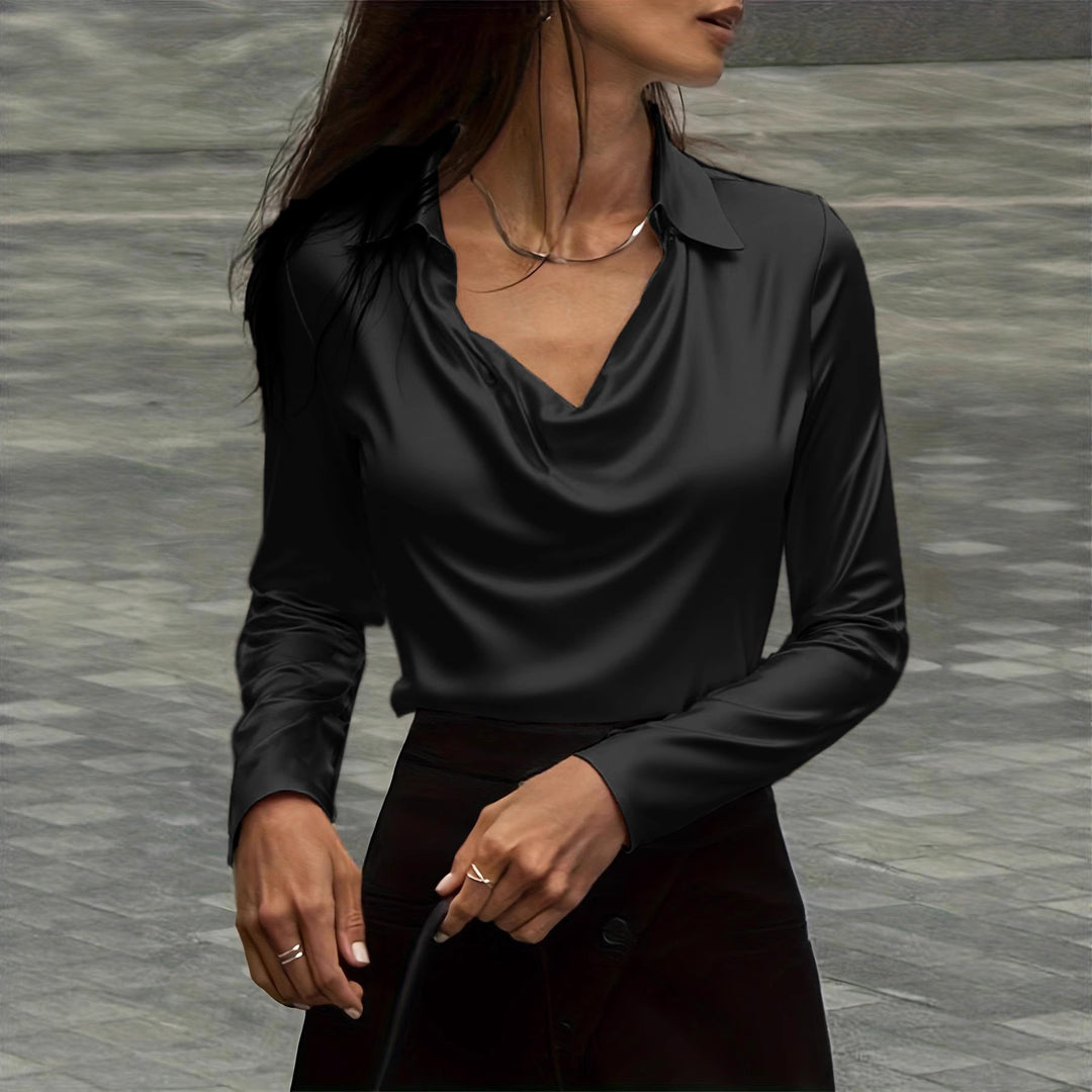 Damen Satinbluse mit Wasserfallkragen und Hemdkragen Drune