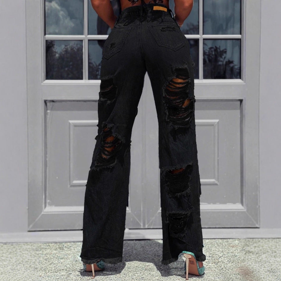 Damen hochtaillierte Destroyed-Jeans mit weitem Bein und großen Knie-Rissen Drune